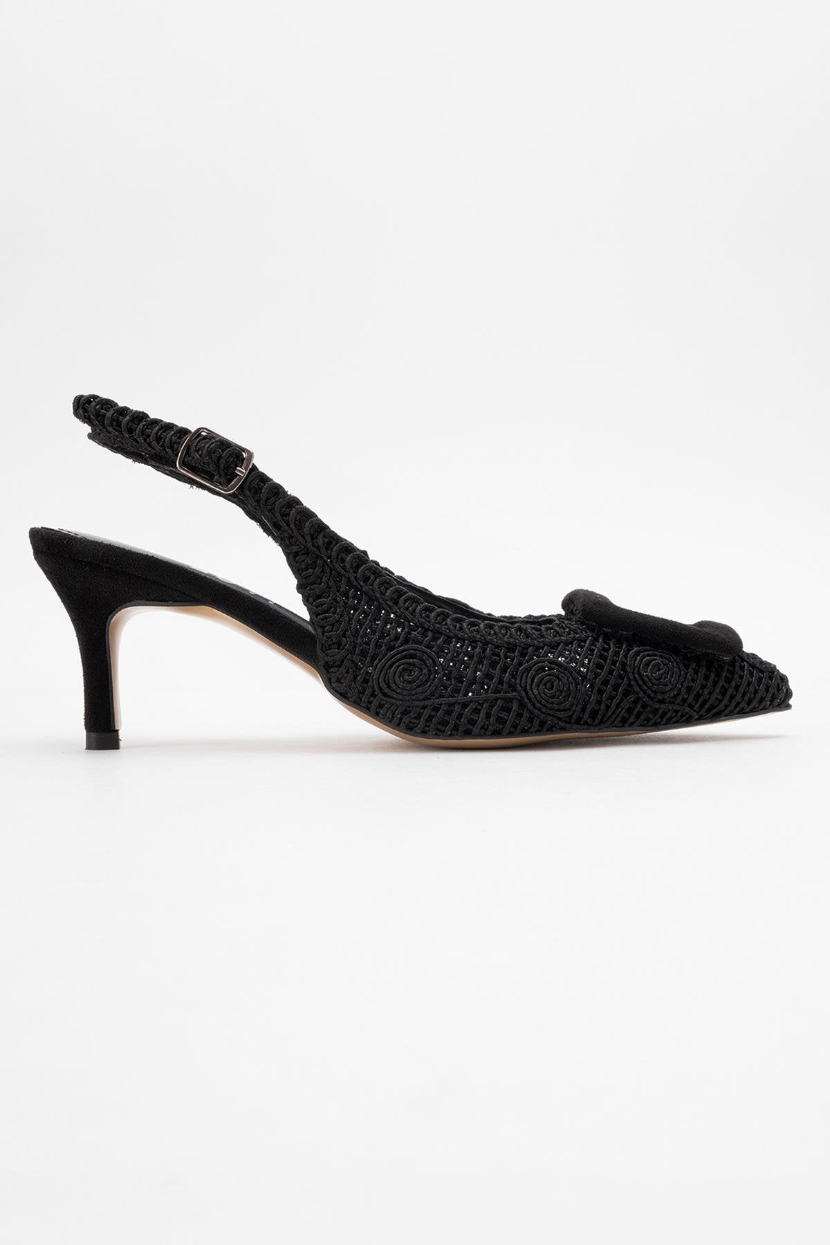 Ensley - Black Knitted Buckle-Detail Backless High Heel Shoe (Women)