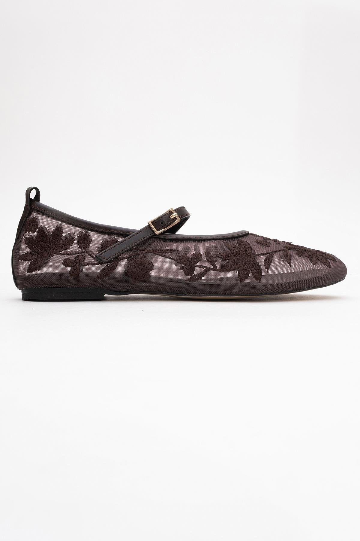 Juny Brown Mesh Floral Embroidery Ballet Flat (Women)