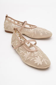 Juny Beige Mesh Floral Embroidery Ballet Flat (Women)