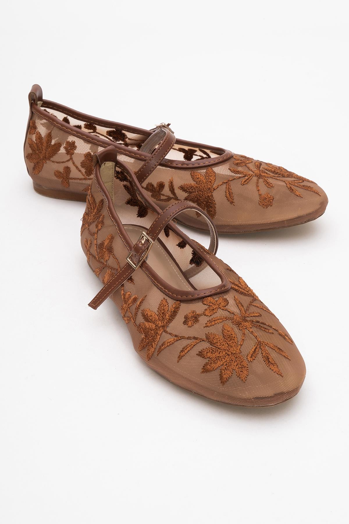 Juny Cognac Brown Mesh Floral Embroidery Ballet Flat (Women)