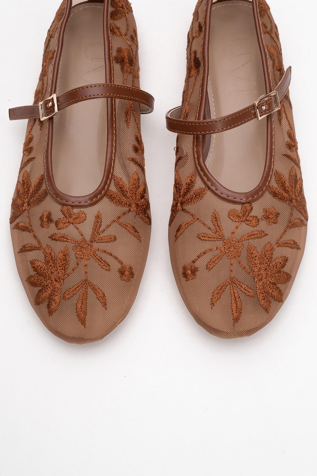 Juny Cognac Brown Mesh Floral Embroidery Ballet Flat (Women)