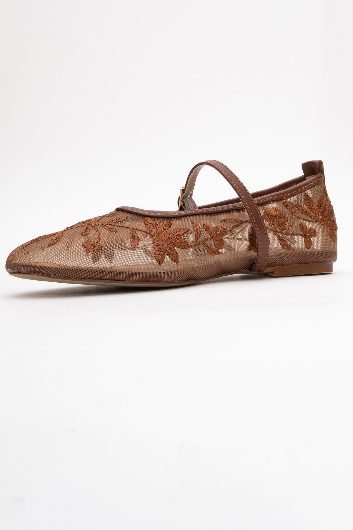 Juny Cognac Brown Mesh Floral Embroidery Ballet Flat (Women)