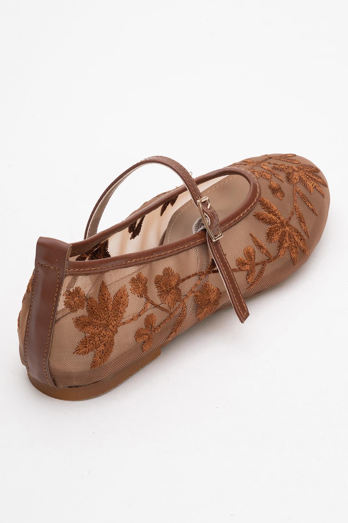 Juny Cognac Brown Mesh Floral Embroidery Ballet Flat (Women)