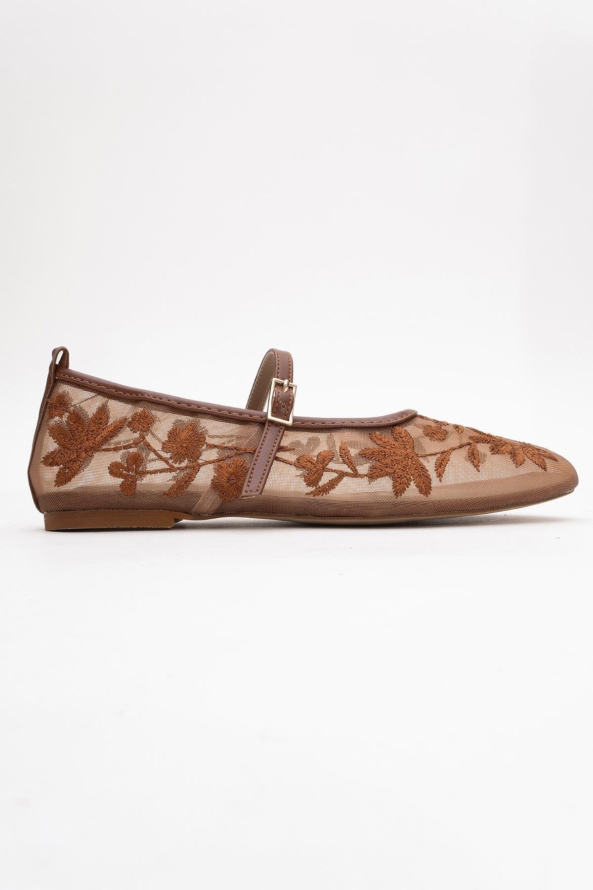 Juny Cognac Brown Mesh Floral Embroidery Ballet Flat (Women)