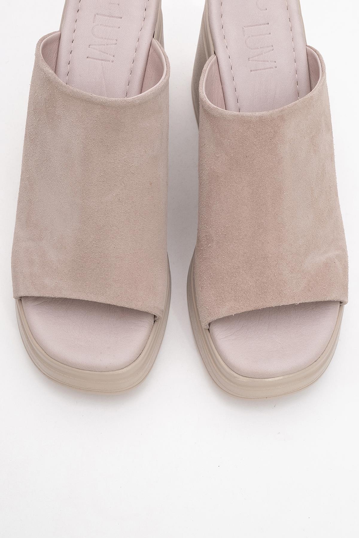 Nola - Dark Beige Suede Leather Heeled Mules