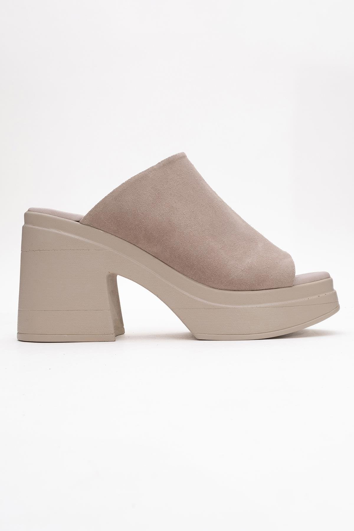 Nola - Dark Beige Suede Leather Heeled Mules