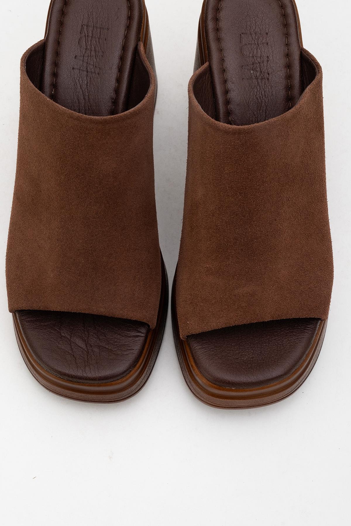 Nola - Dark Brown Suede Leather Heeled Mules