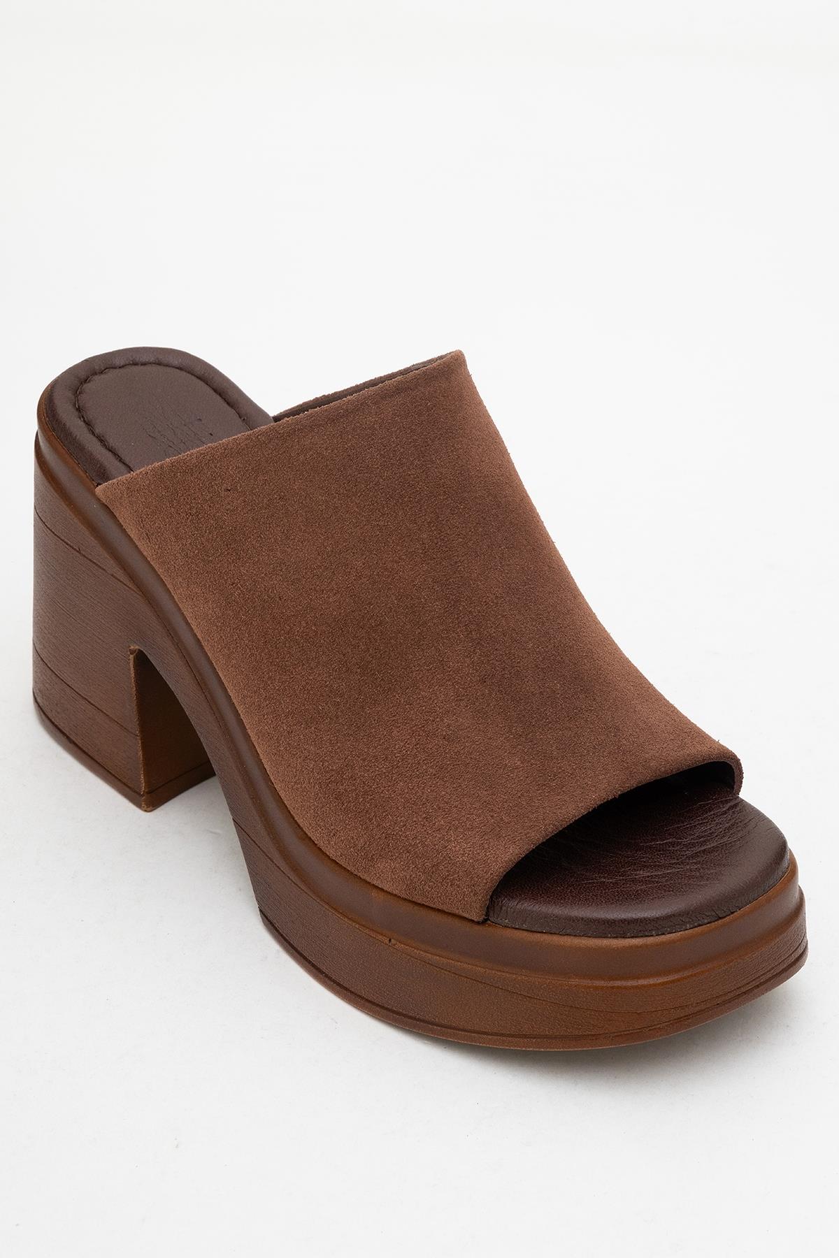 Nola - Dark Brown Suede Leather Heeled Mules