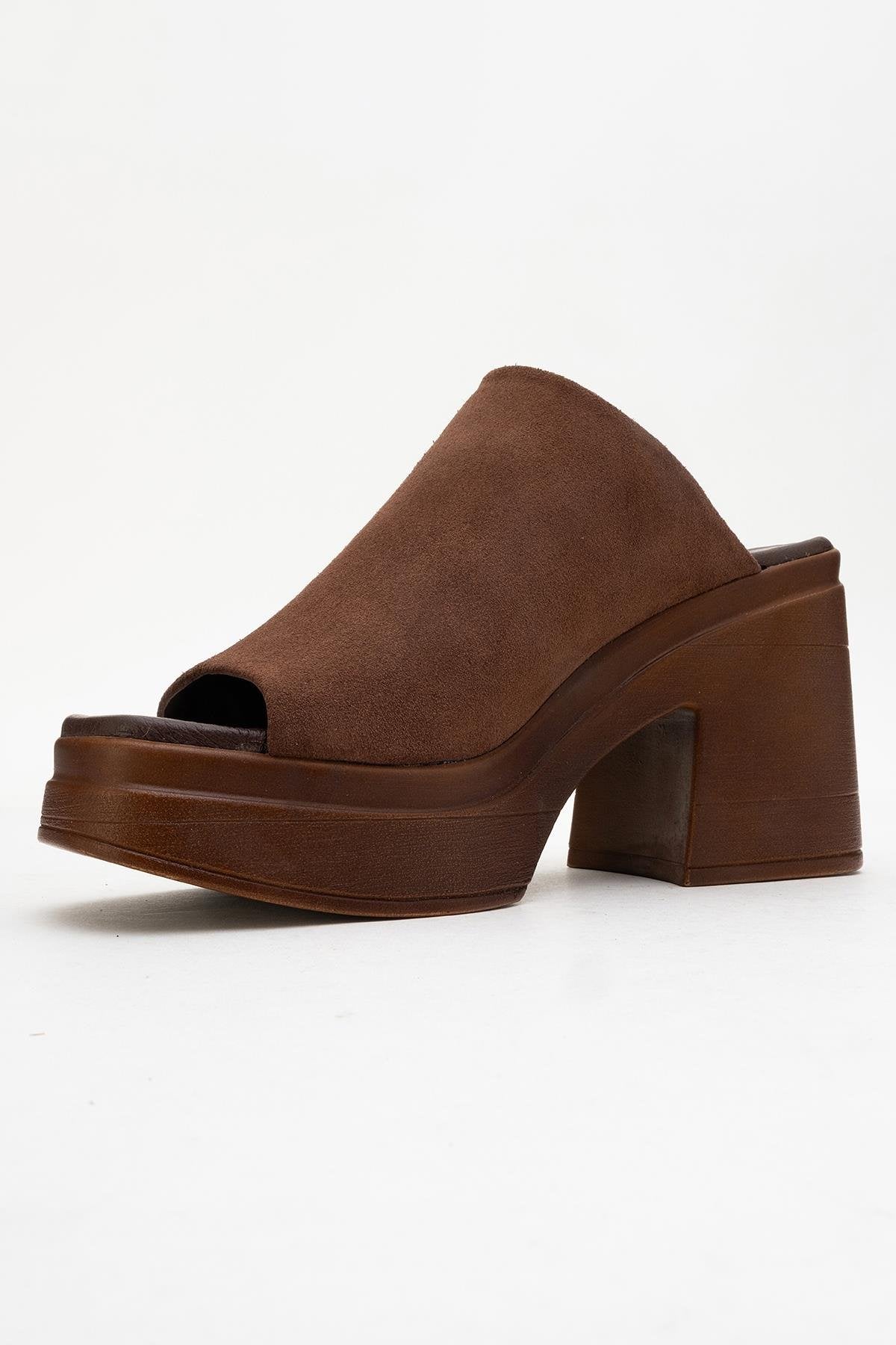 Nola - Dark Brown Suede Leather Heeled Mules