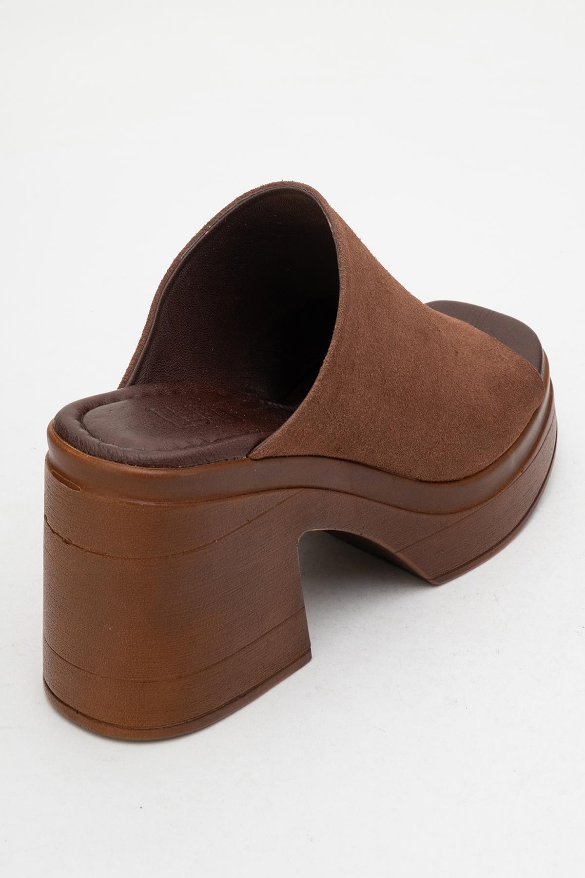 Nola - Dark Brown Suede Leather Heeled Mules