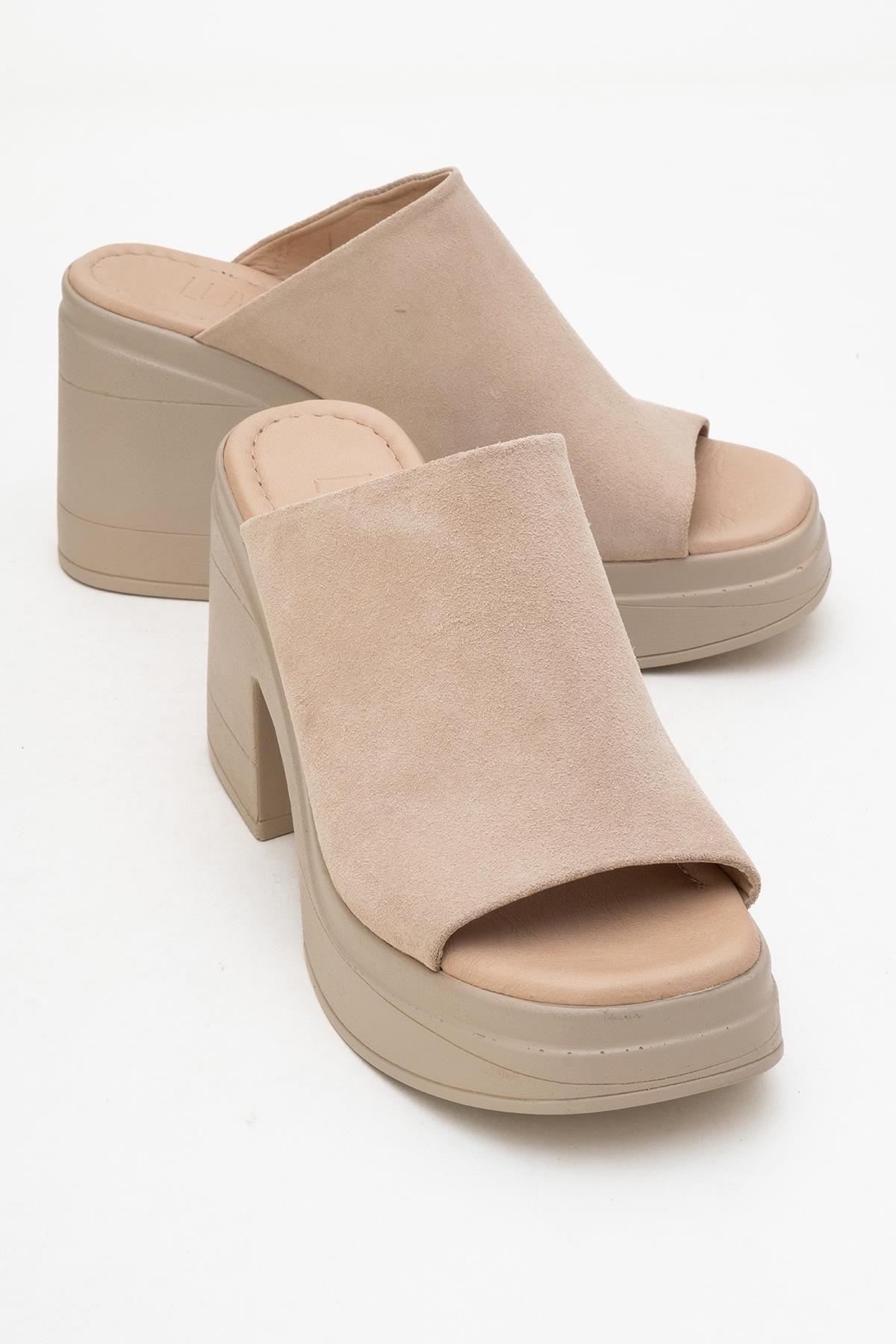 Nola - Beige Suede Leather Heeled Mules