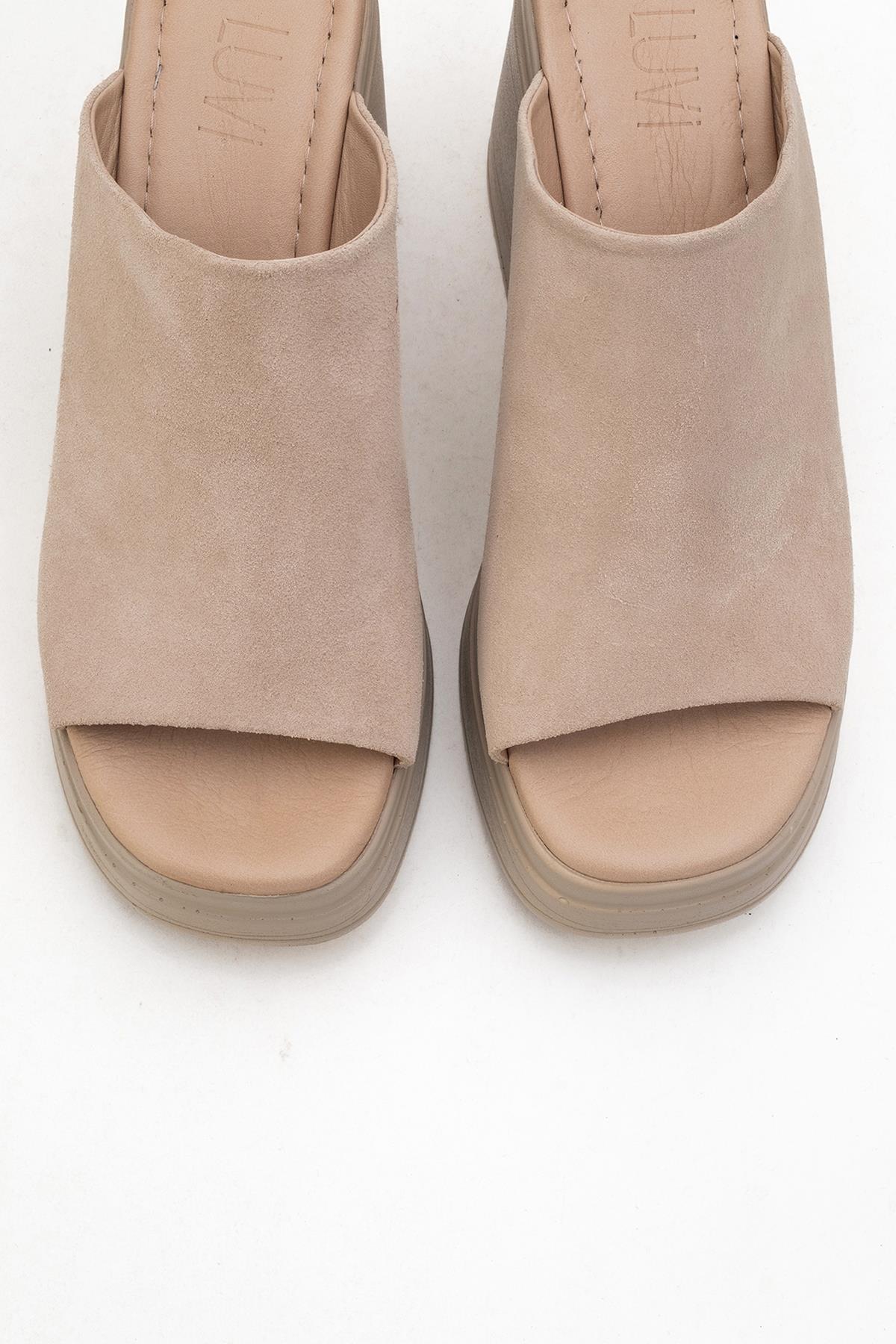Nola - Beige Suede Leather Heeled Mules