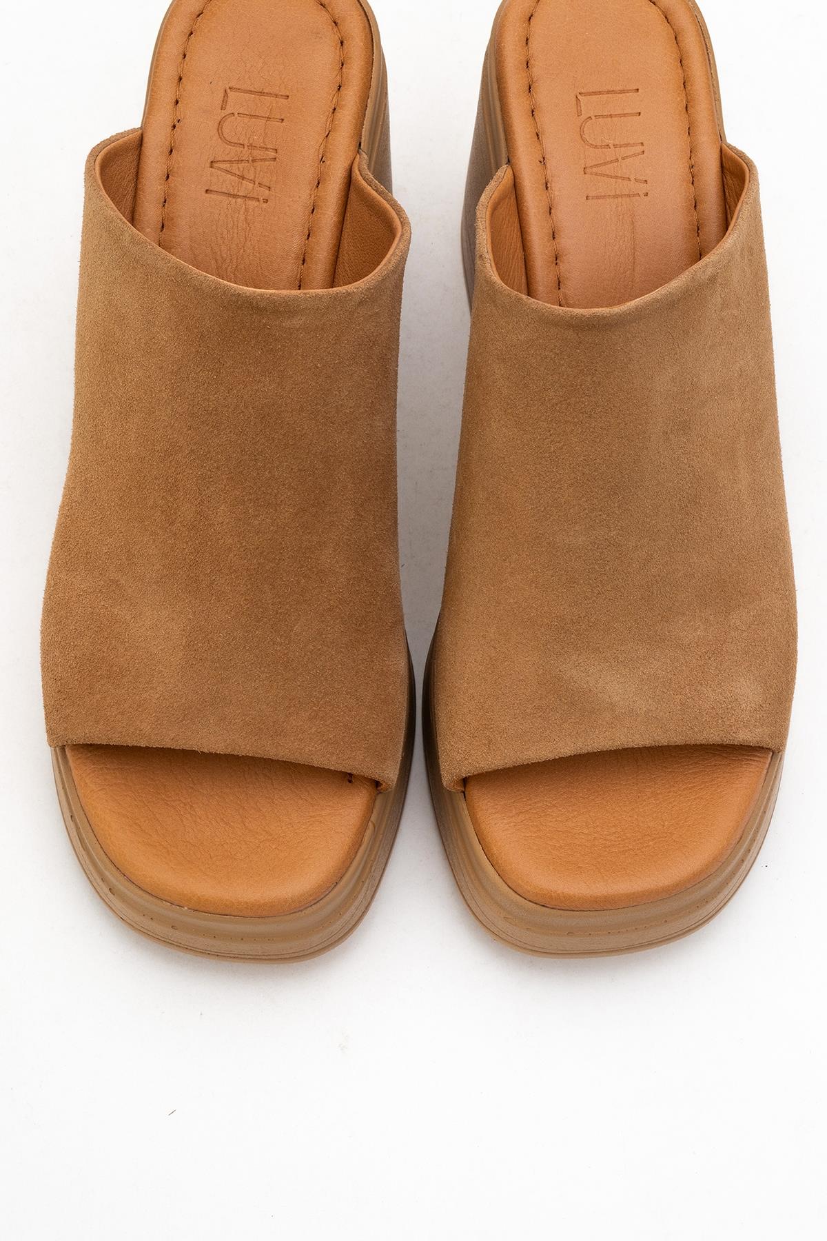 Nola - Cognac Brown Suede Leather Heeled Mules