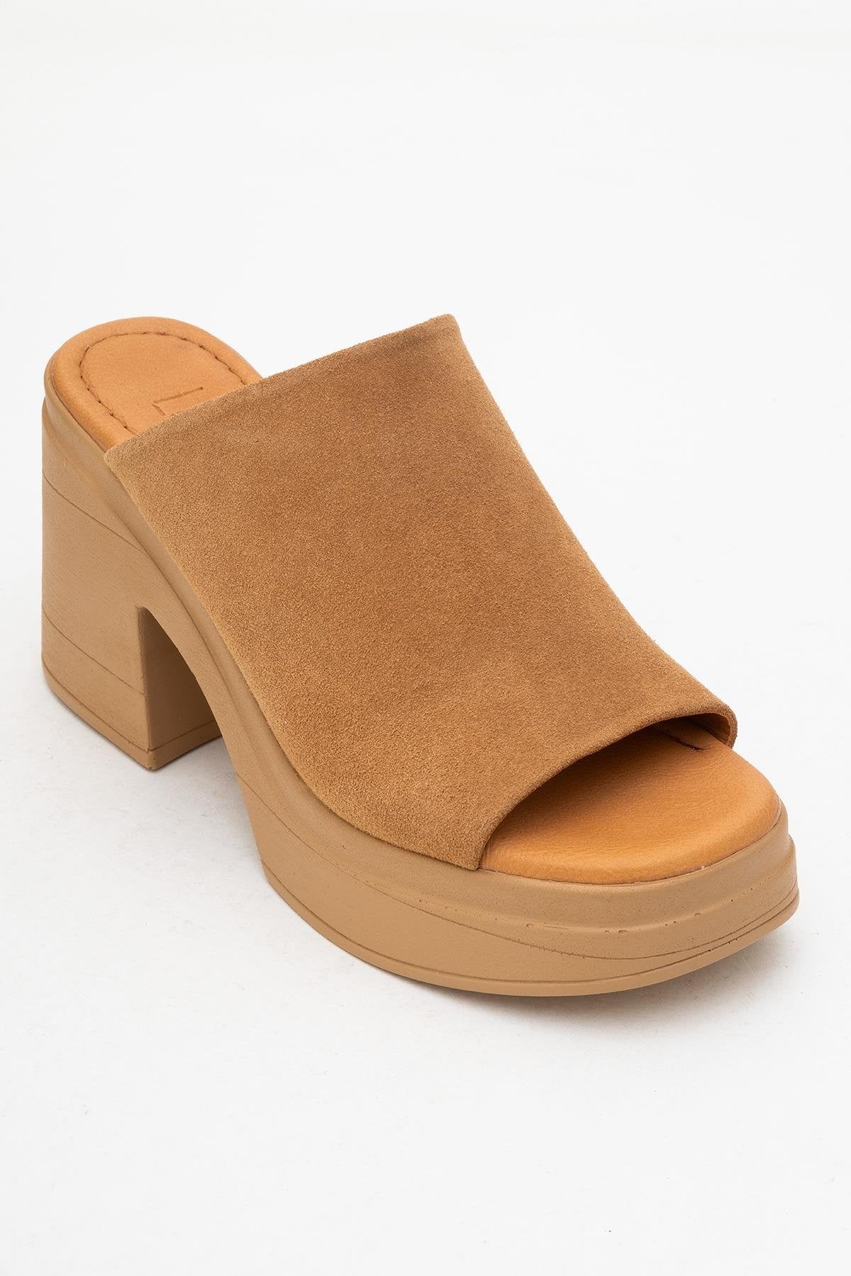 Nola - Cognac Brown Suede Leather Heeled Mules