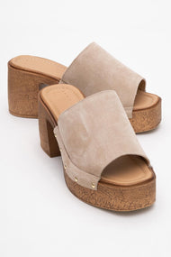 Pull - Beige Suede Leather Heeled Mules (Women)