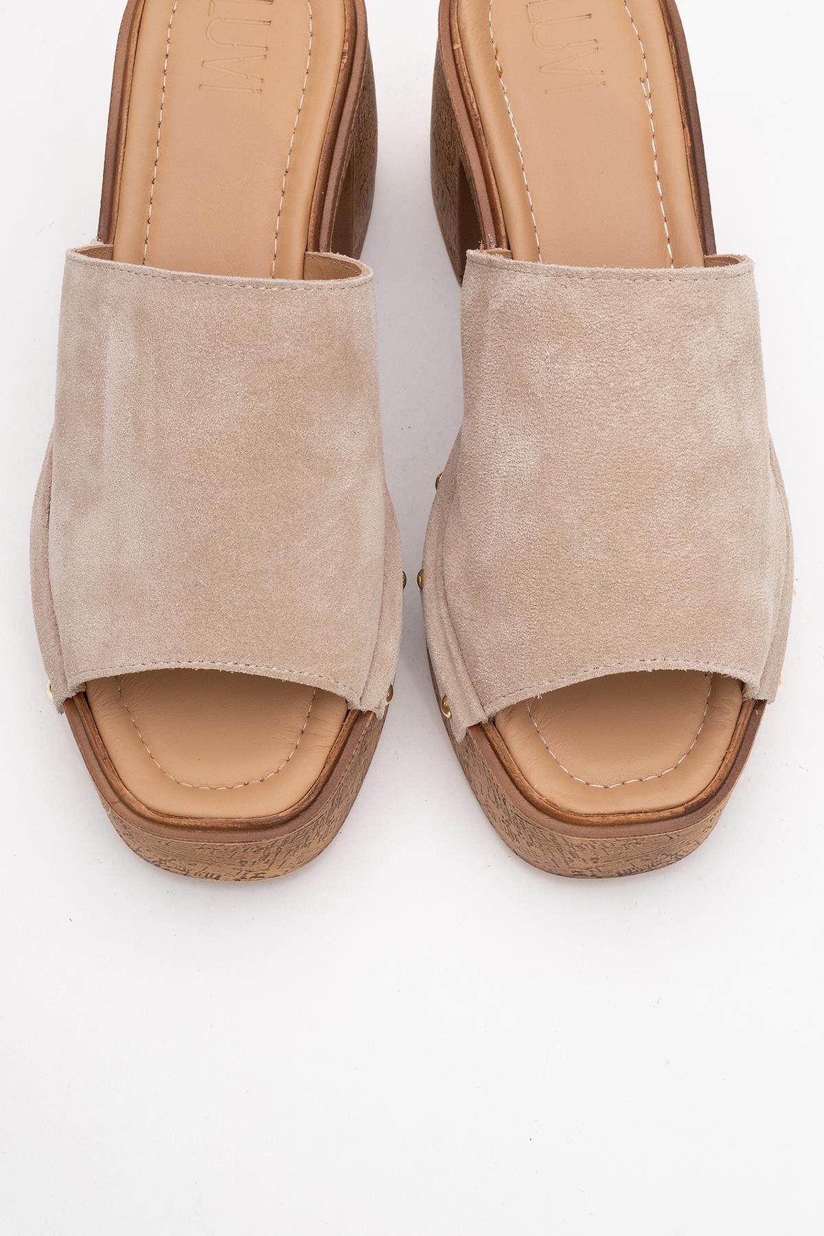 Pull - Beige Suede Leather Heeled Mules (Women)
