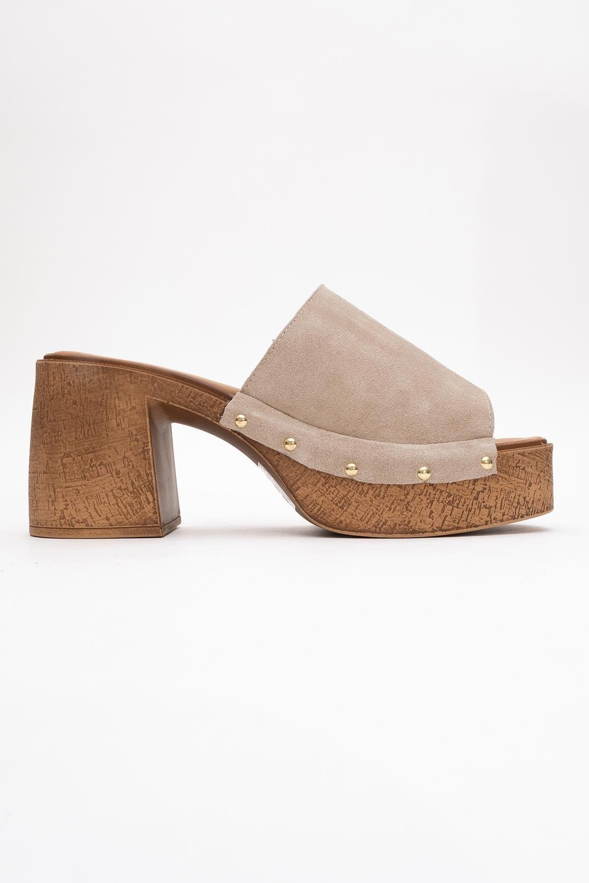 Pull - Beige Suede Leather Heeled Mules (Women)