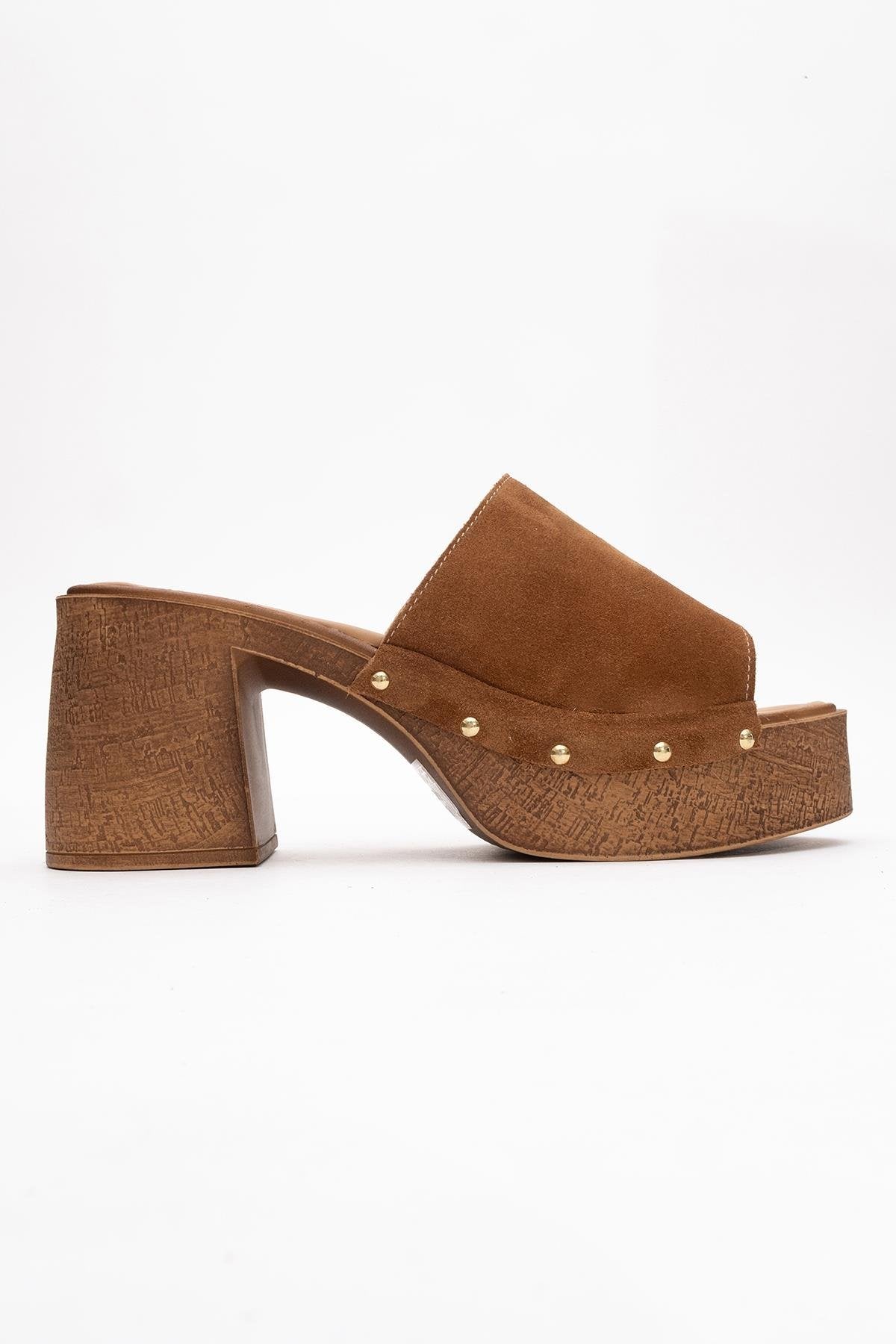 Pull - Cognac Brown Suede Leather Heeled Mules (Women)