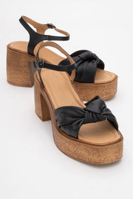 Tily - Black Platform Wedge Leather Sandal (Women)