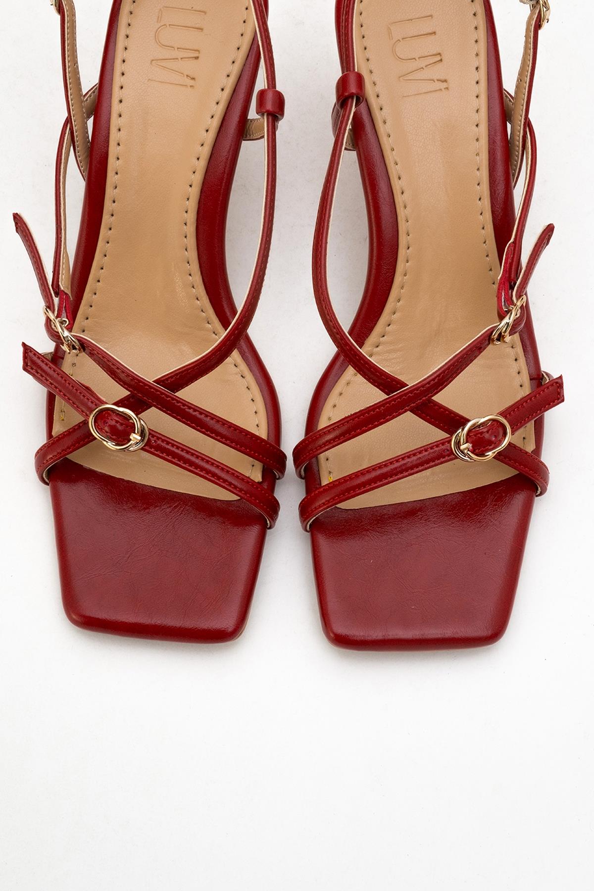 Chaka - Red Buckled Square Toe Heeled Sandal (Women)