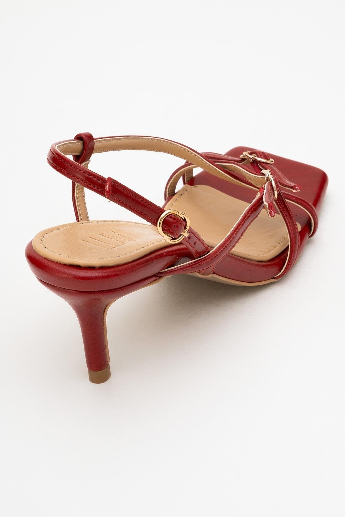 Chaka - Red Buckled Square Toe Heeled Sandal (Women)