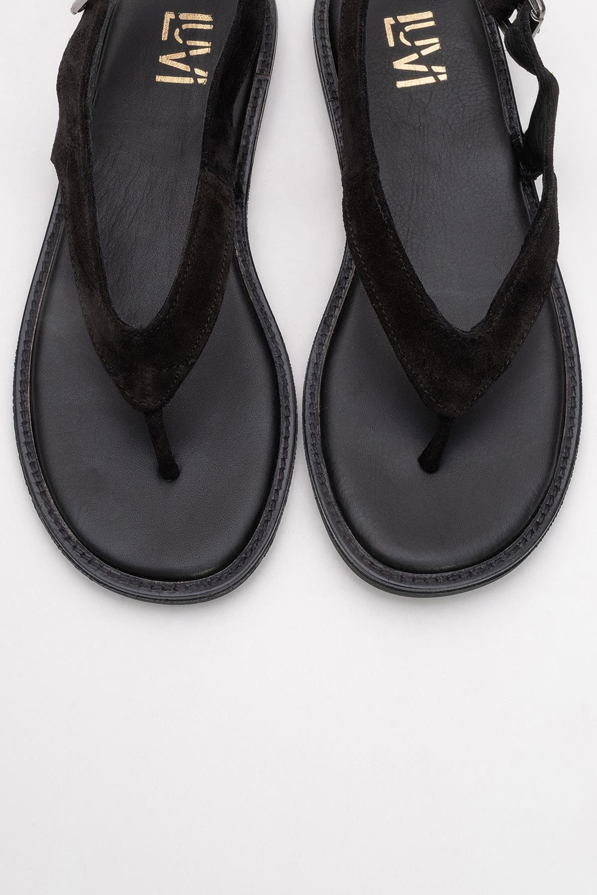 Belinda - Black Suede Leather Thong Sandals (Women)