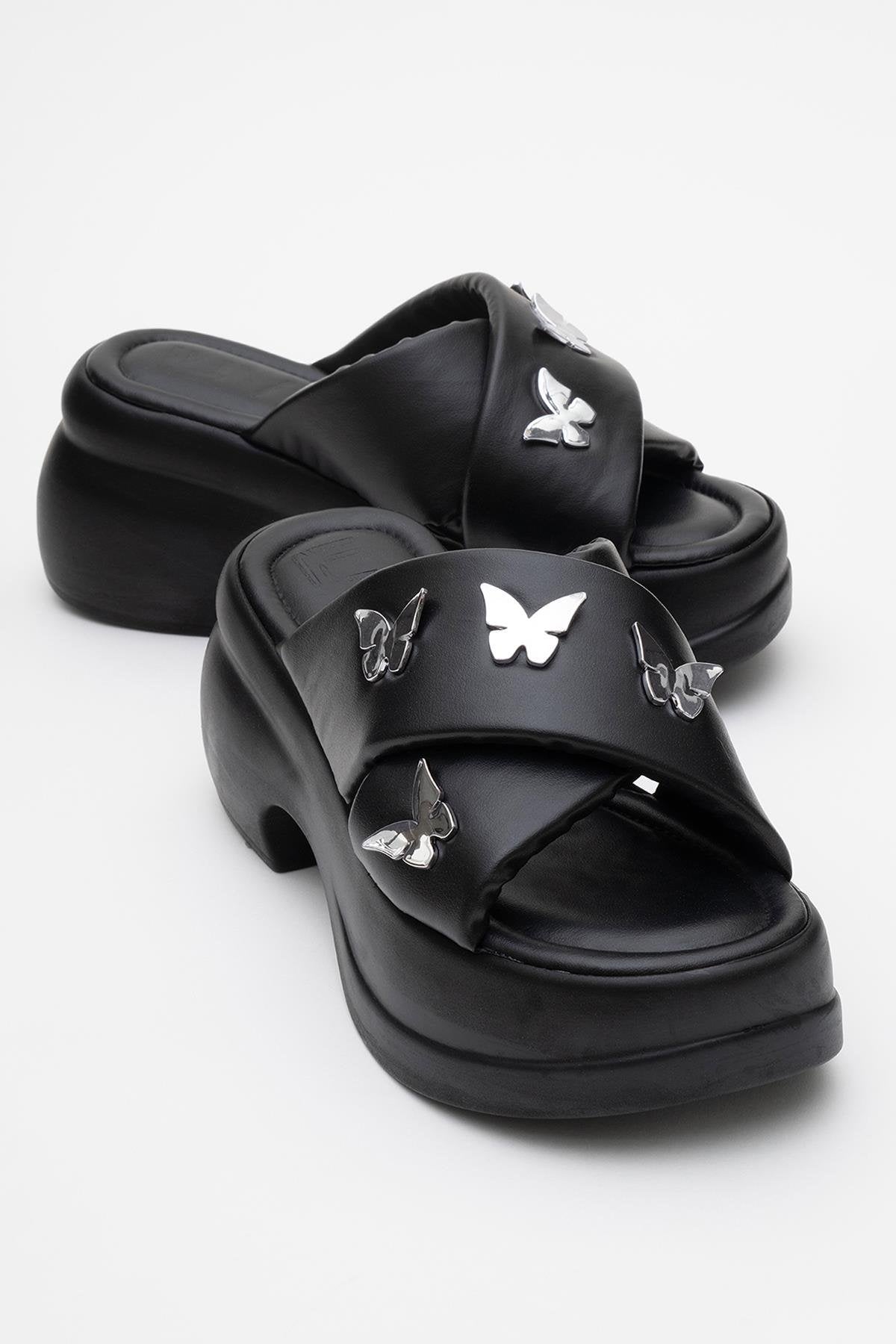 Force Black Butterfly‑Buckle Platform Slide (Women)