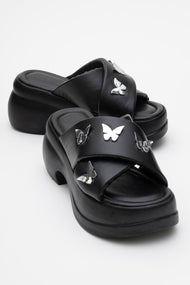Force Black Butterfly‑Buckle Platform Slide (Women)