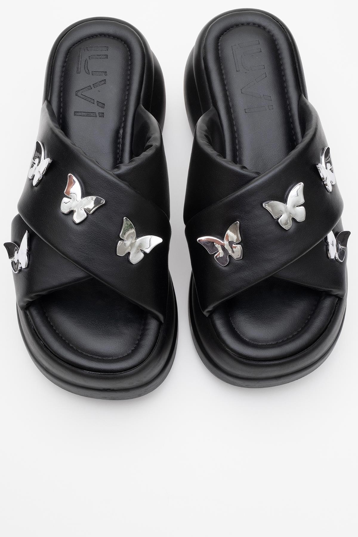 Force Black Butterfly‑Buckle Platform Slide (Women)