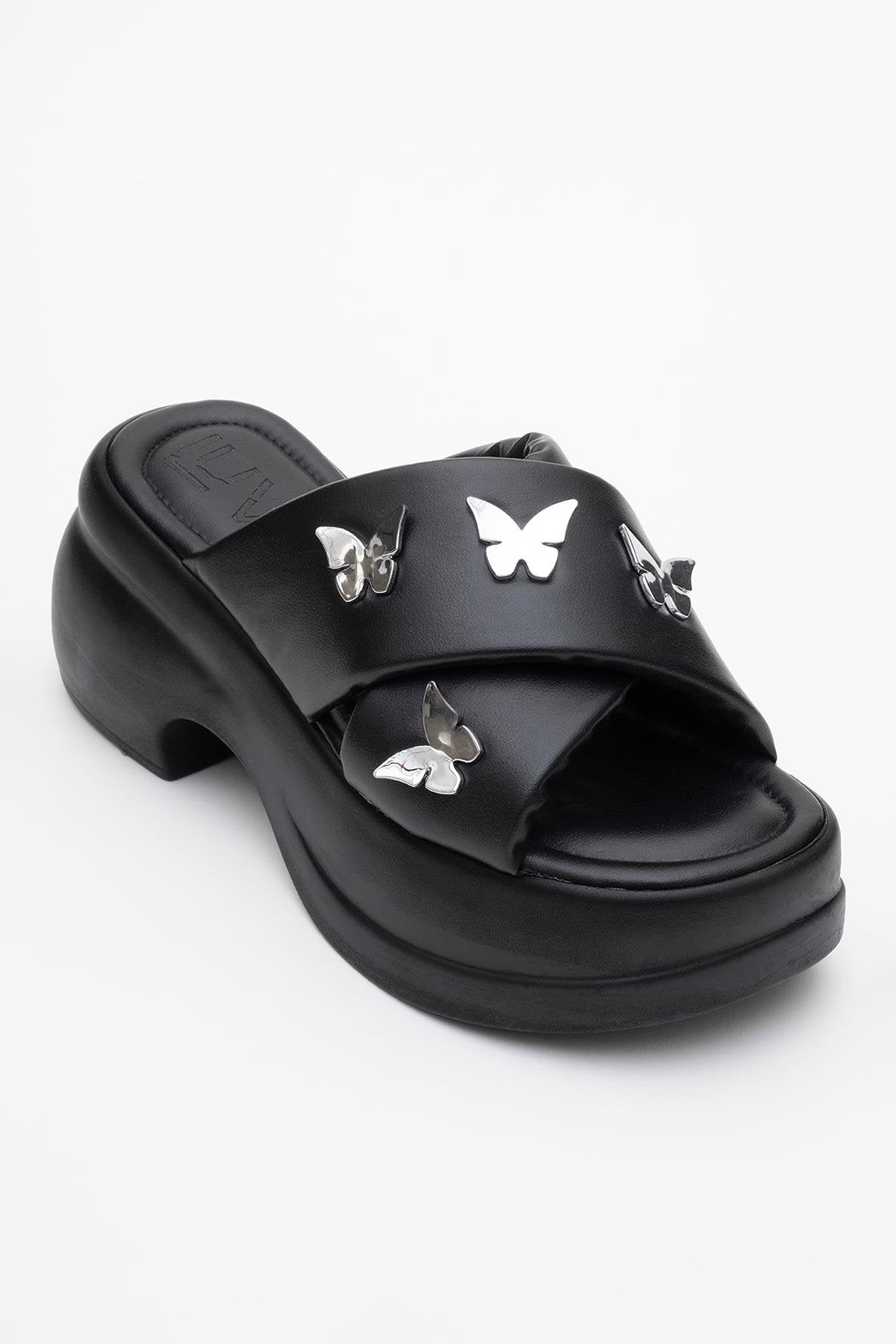 Force Black Butterfly‑Buckle Platform Slide (Women)