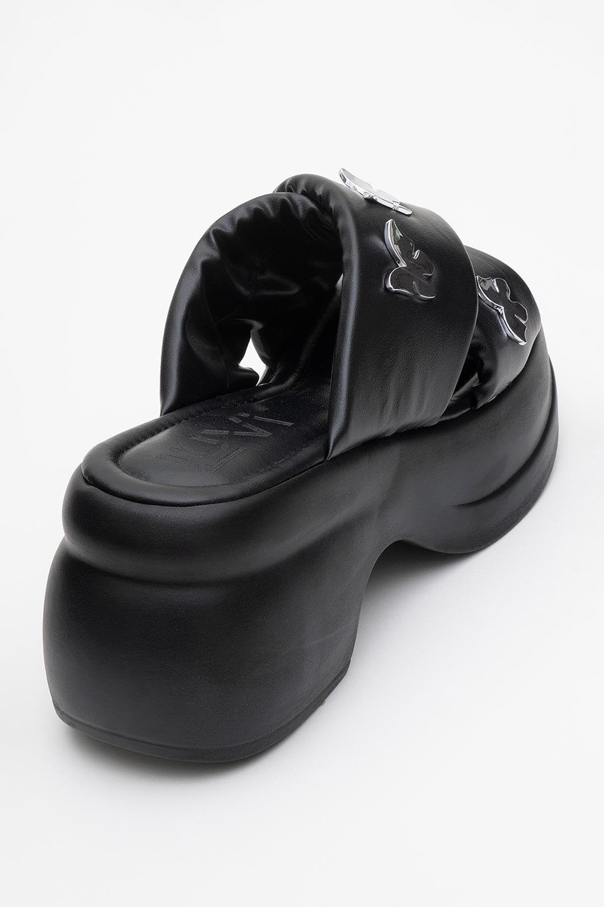 Force Black Butterfly‑Buckle Platform Slide (Women)