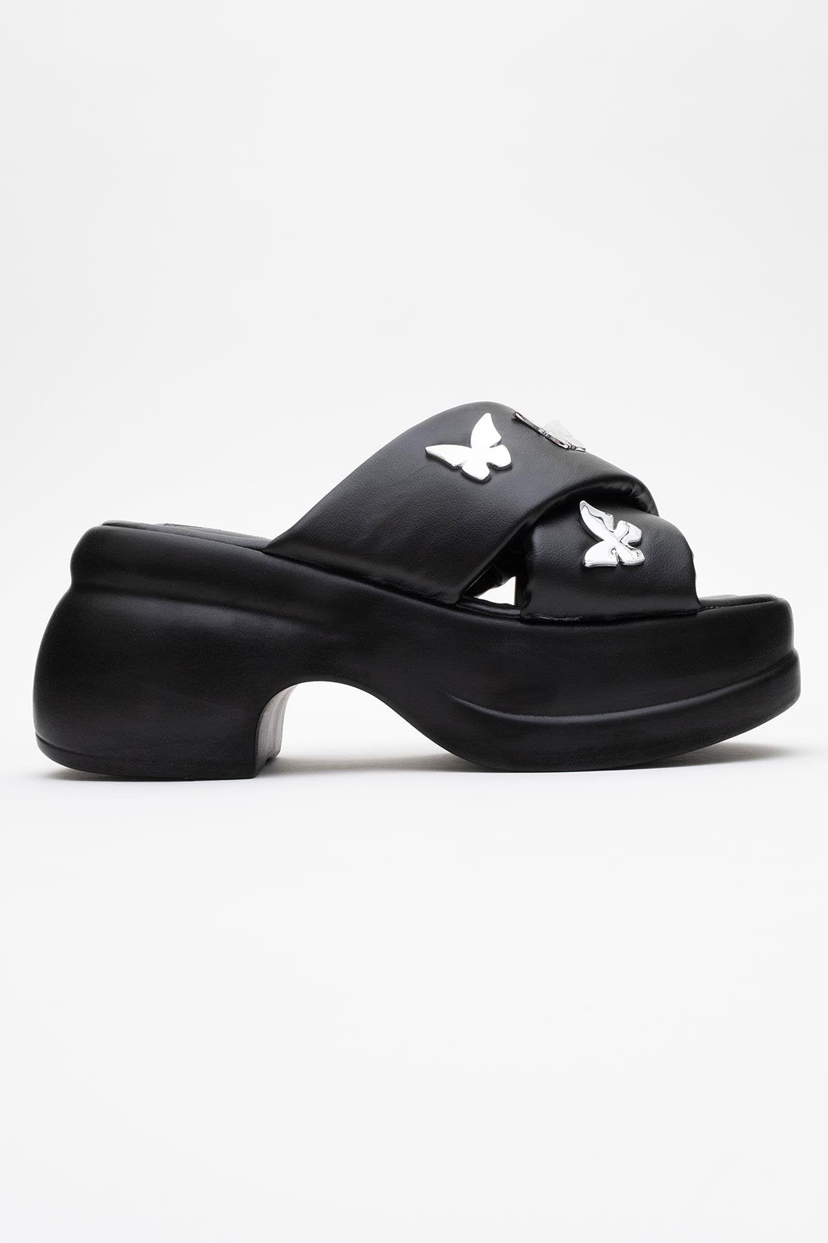 Force Black Butterfly‑Buckle Platform Slide (Women)