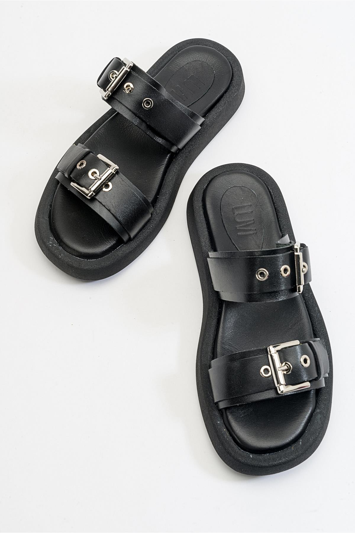 Finezza - Black Leather Two-Strap Sandal (Women)
