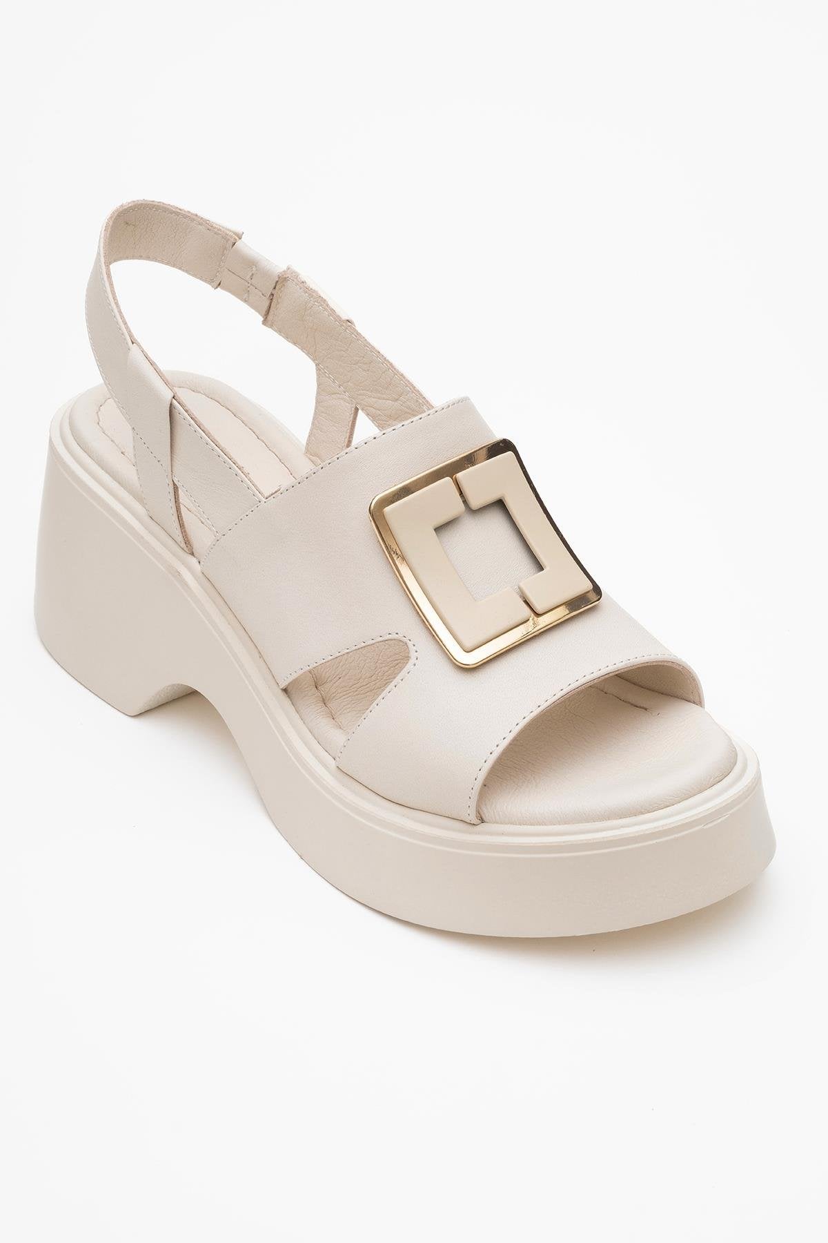 Lucia Beige Leather Buckle Platform Sandal (Women)