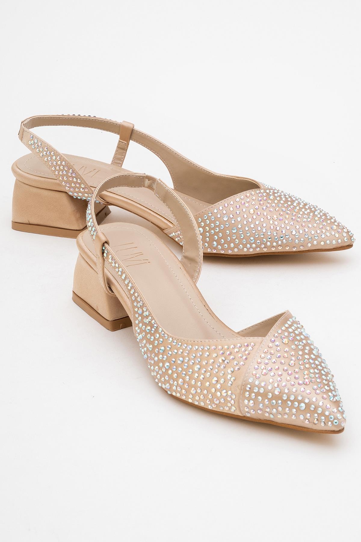 Sella - Beige Satin Jeweled Short Block Heel Shoe (Women)