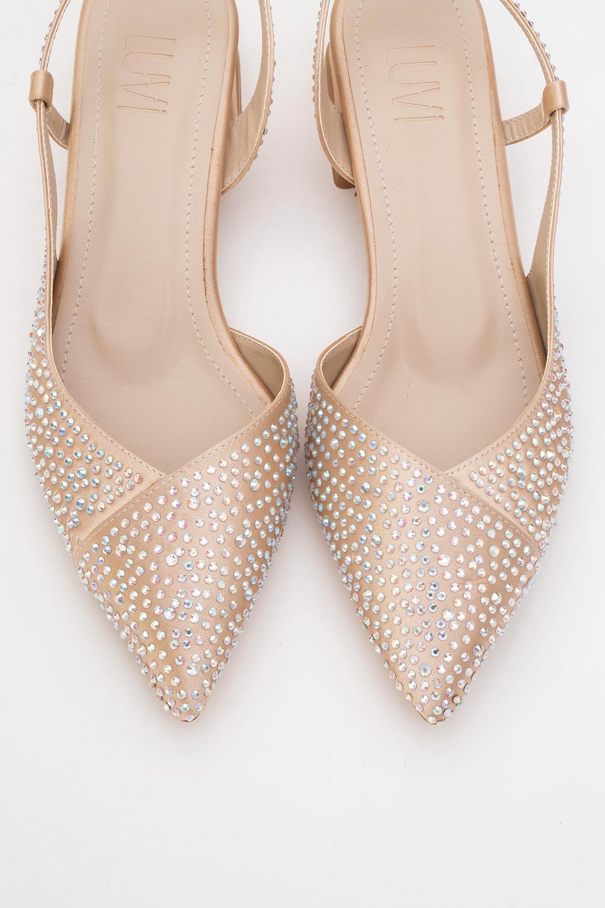 Sella - Beige Satin Jeweled Short Block Heel Shoe (Women)