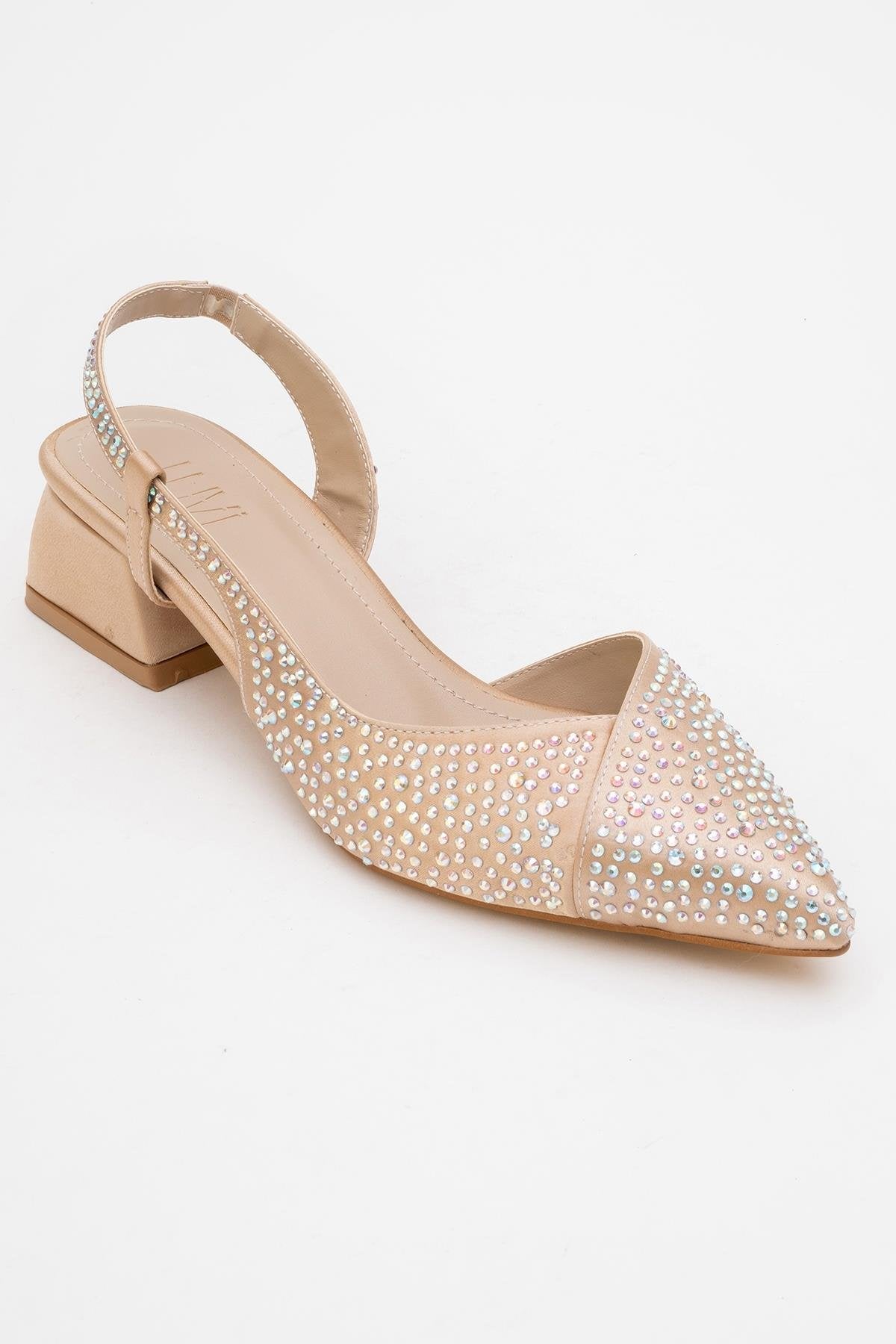 Sella - Beige Satin Jeweled Short Block Heel Shoe (Women)