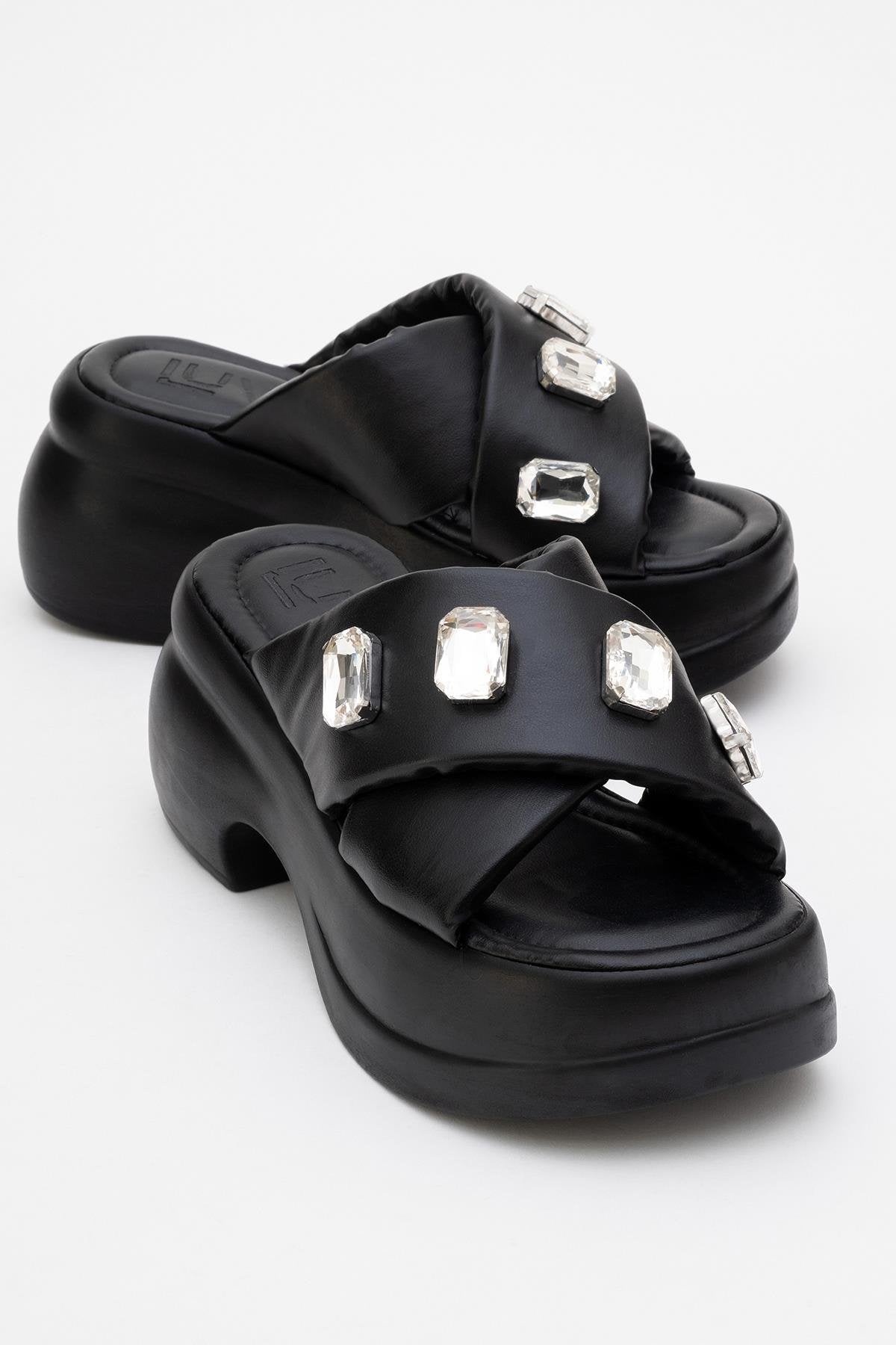 Giev - Black Jeweled Platform Slide (Women)