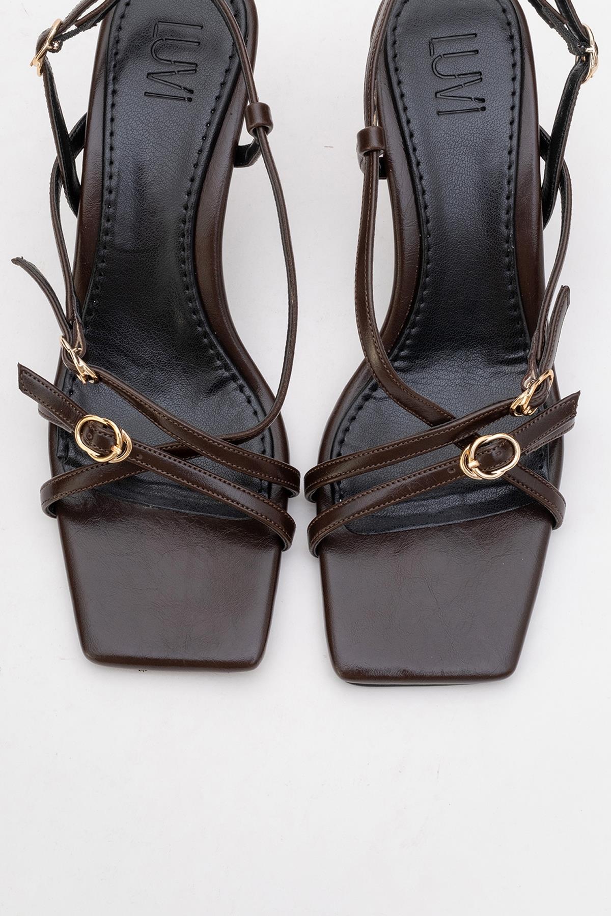 Chaka - Brown Buckle Square Toe Heeled Sandal (Women)