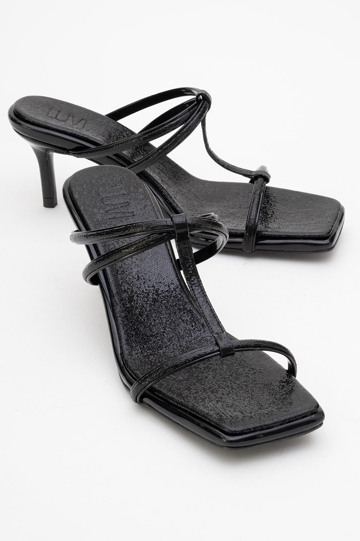 Mocha Black Pattern Square‑Toe Thin‑Strap Heel Sandal (Women)