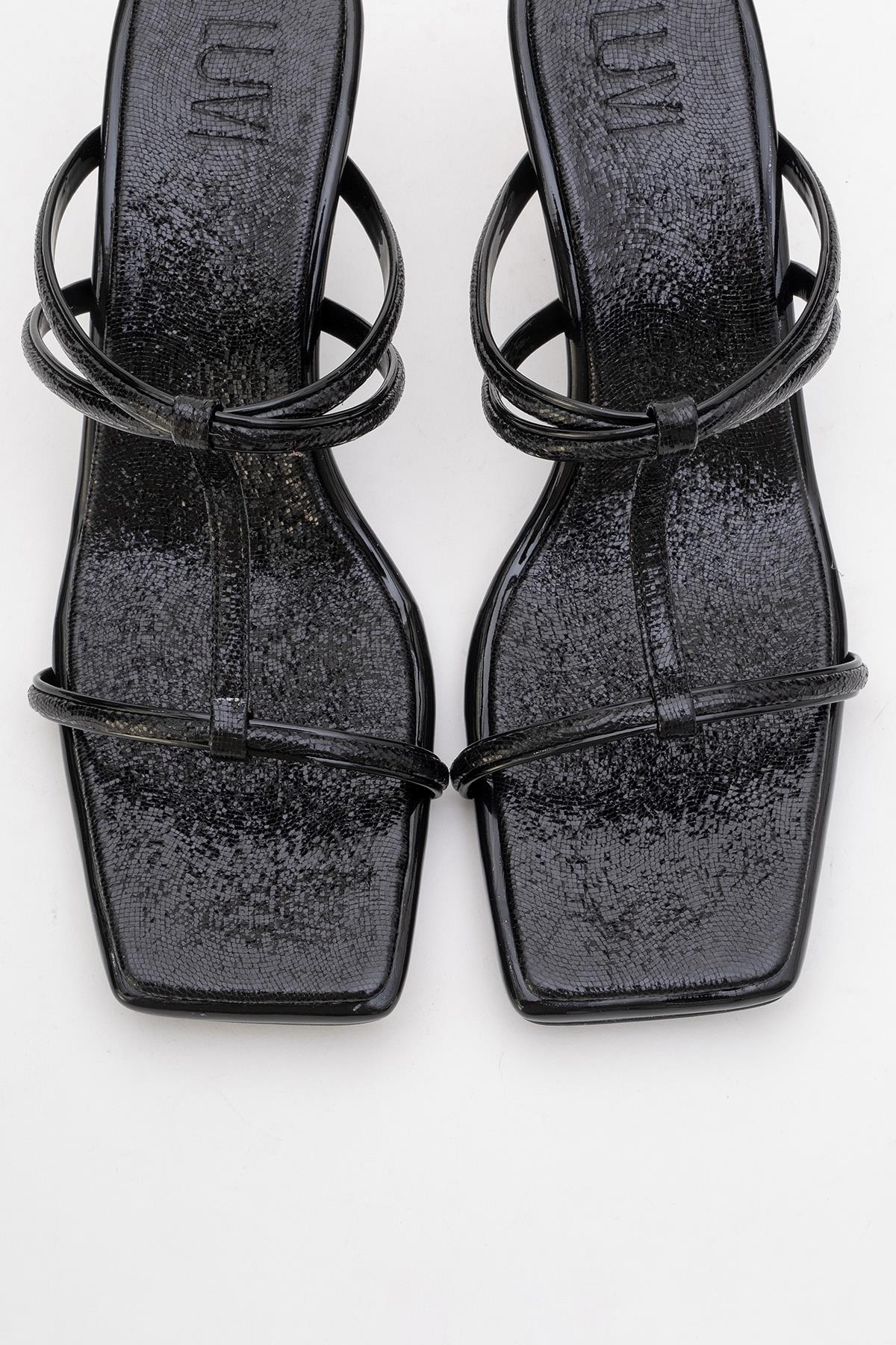 Mocha Black Pattern Square‑Toe Thin‑Strap Heel Sandal (Women)