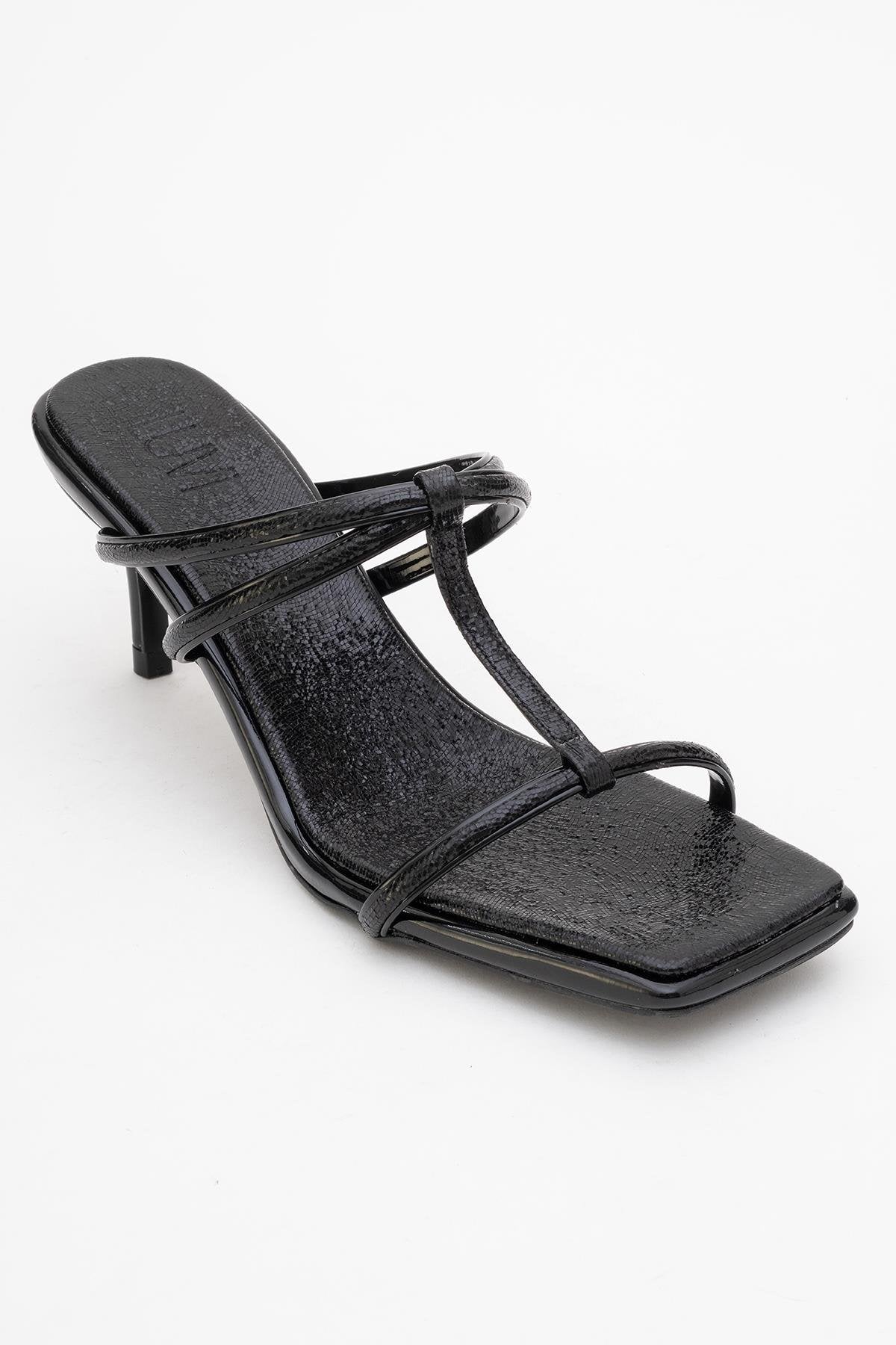 Mocha Black Pattern Square‑Toe Thin‑Strap Heel Sandal (Women)