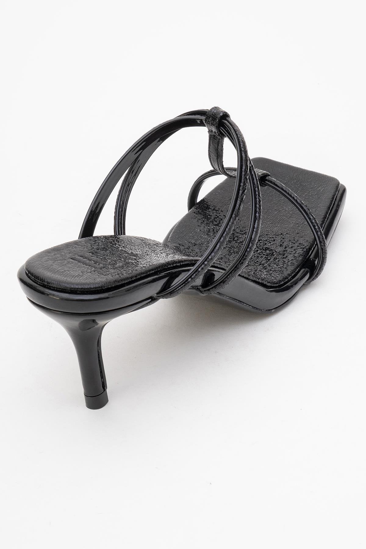 Mocha Black Pattern Square‑Toe Thin‑Strap Heel Sandal (Women)