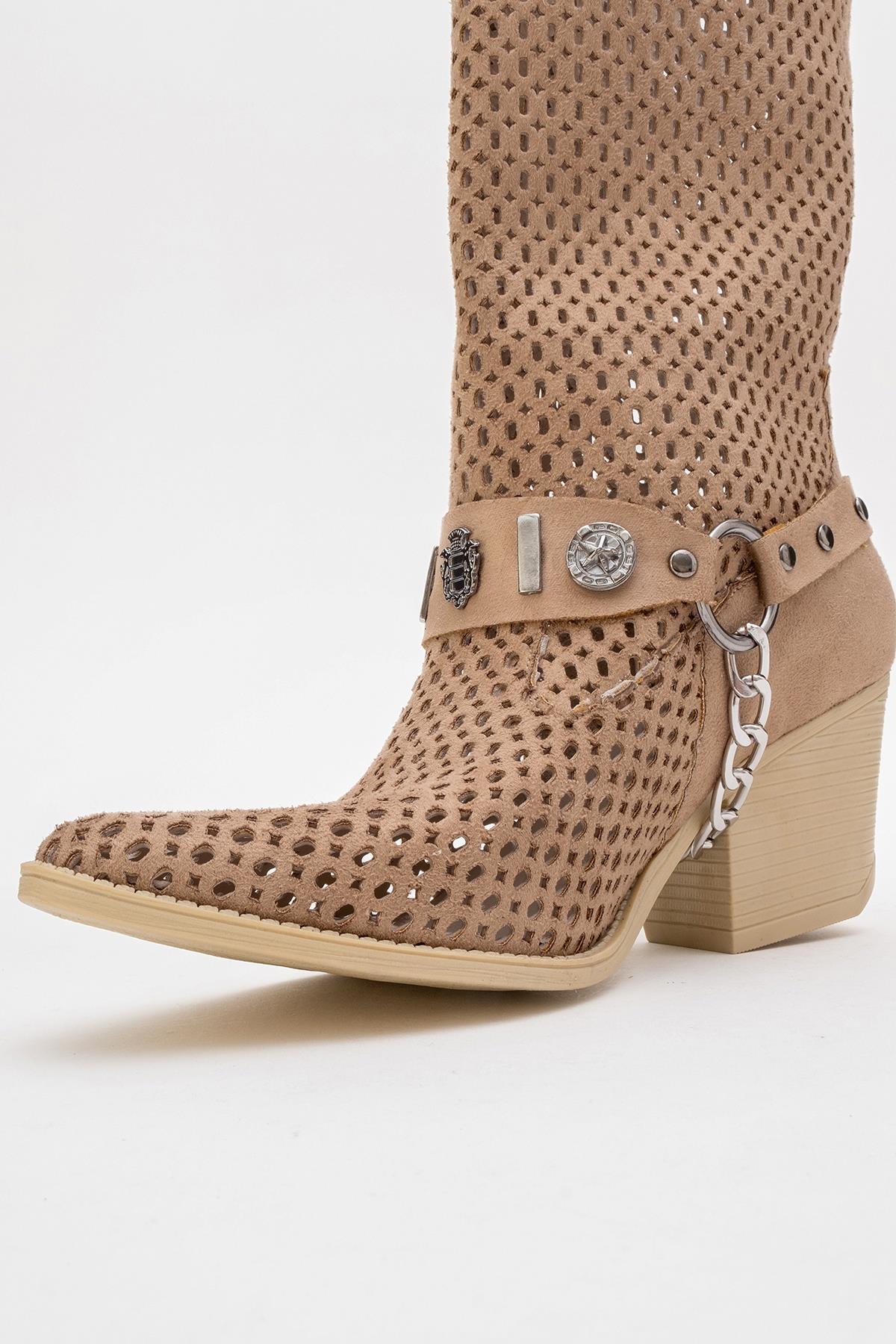 Liza Dark Beige Block Heel Western Boot (Women)