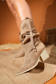 Larry Dark Beige Elasticated Block Heel Boot (Women)