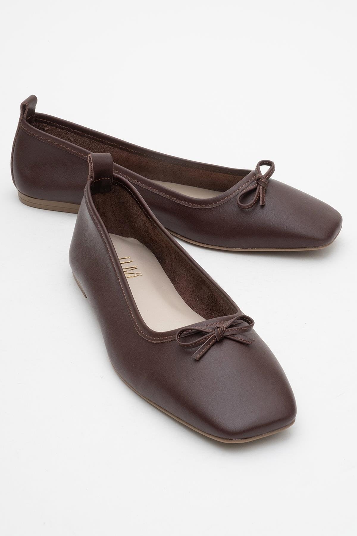 Sosa - Brown Genuine Leather Square-Toe Bow Ballet Flat (Women)