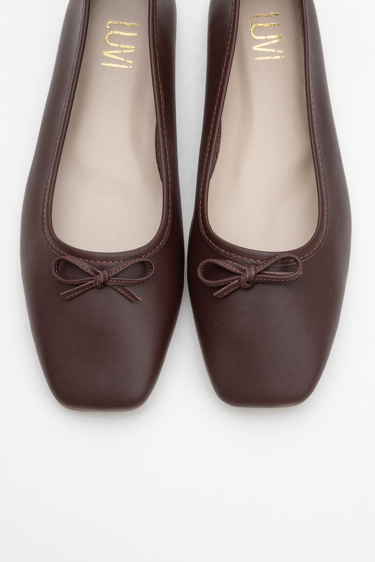 Sosa - Brown Genuine Leather Square-Toe Bow Ballet Flat (Women)