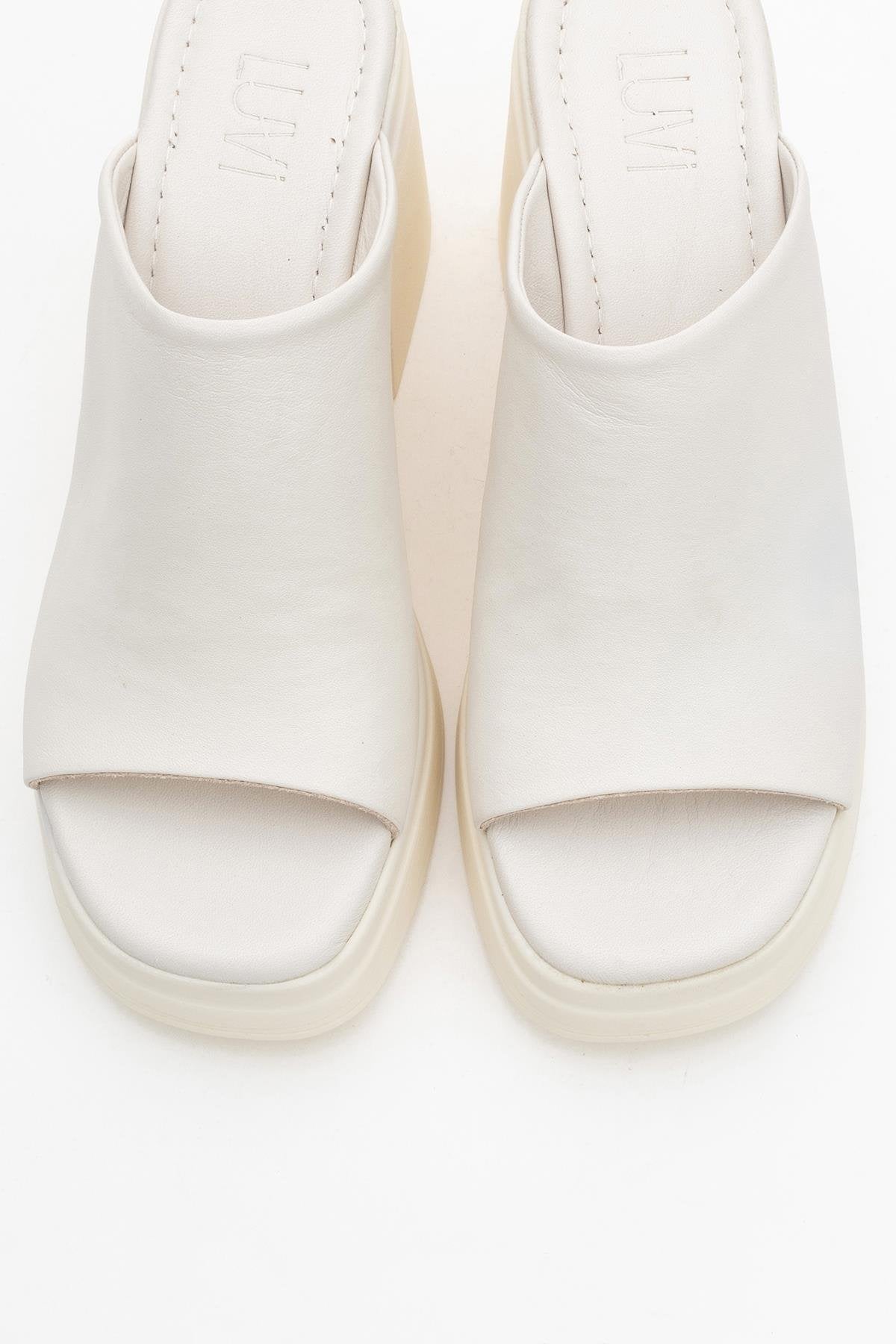 Nola - Beige Leather Heeled Mules