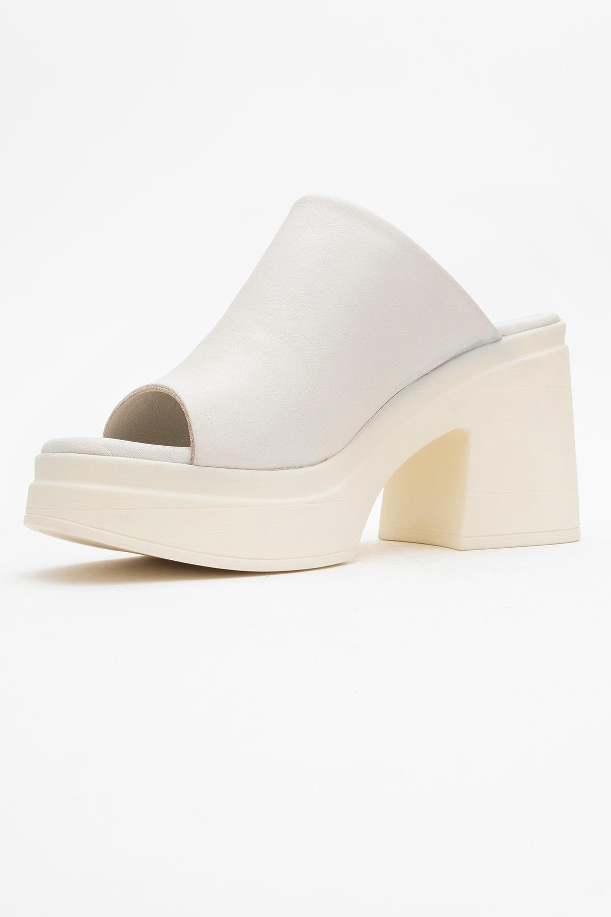Nola - Beige Leather Heeled Mules