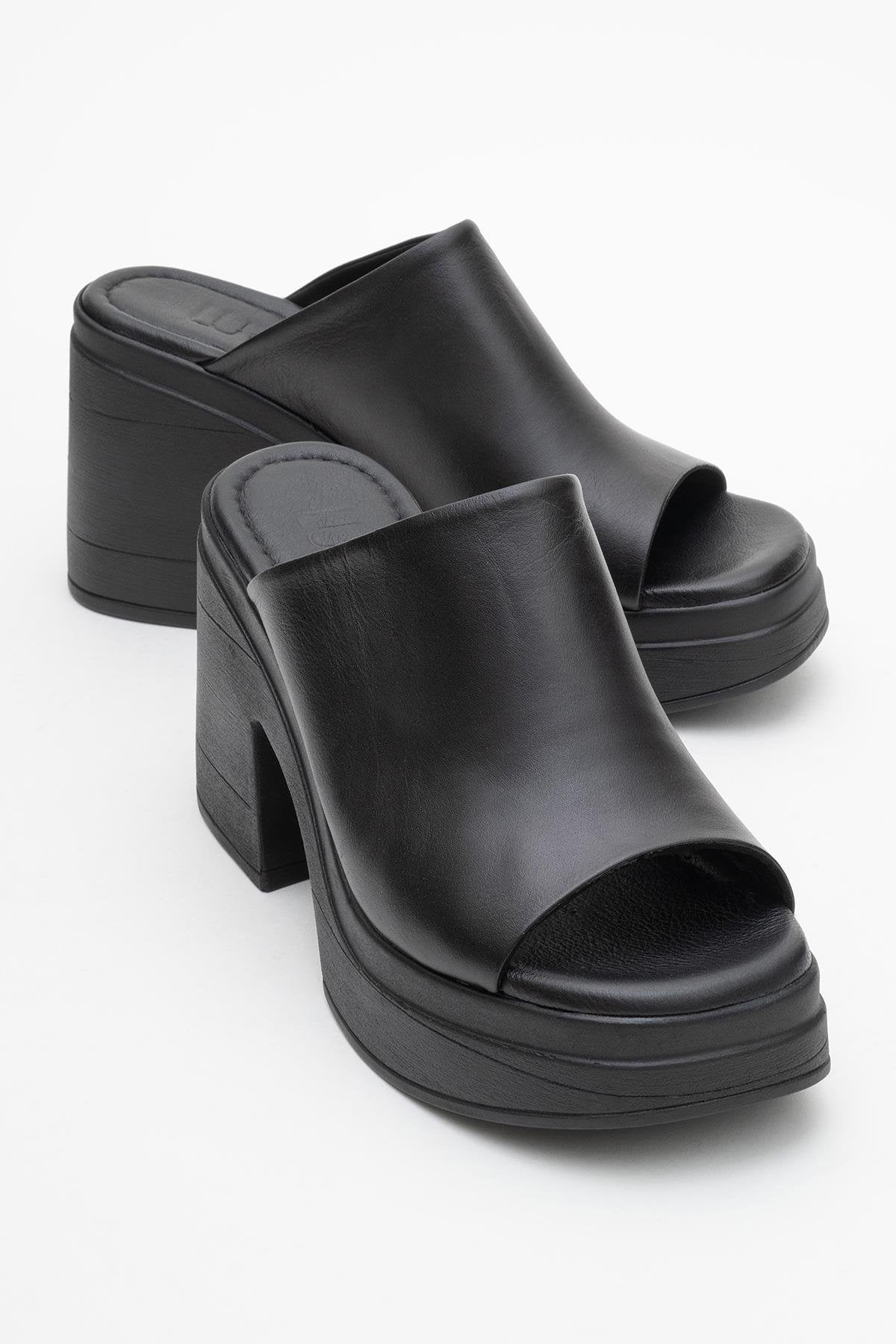 Nola - Black Leather Heeled Mules